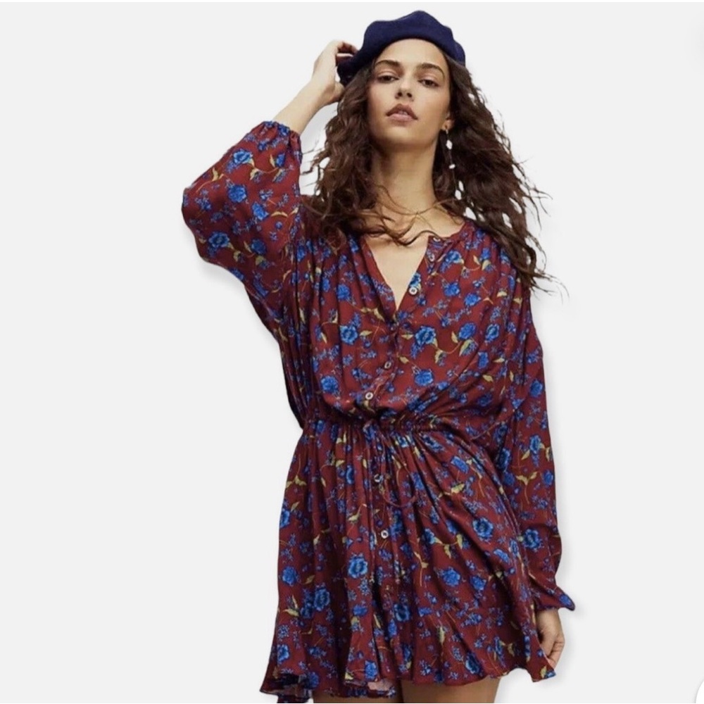 Free People Flower Fields Burgundy Long Sleeve Drawstring Waist Mini Dress